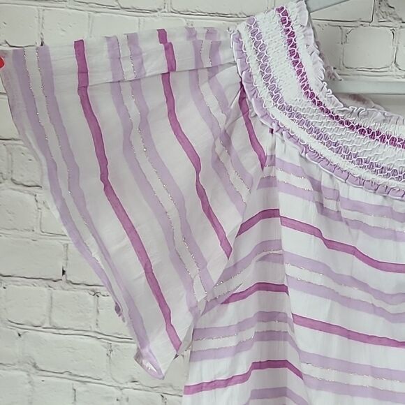 Lane Bryant 18/20 Off the Shoulder Flutter Sleeve Smocked Lavender Stripe Blouse - Picture 6 of 11